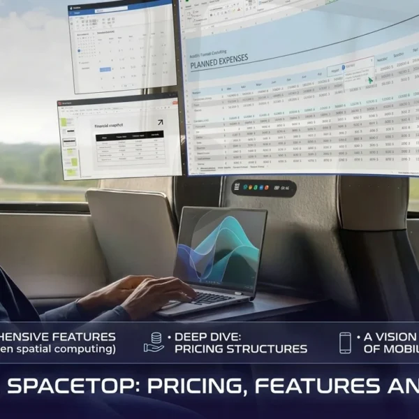 Sightful Spacetop blog banner: AR smart glasses laptop workspace setup with floating screens and article title.