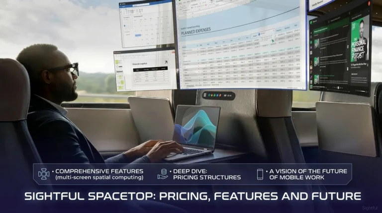 Sightful Spacetop blog banner: AR smart glasses laptop workspace setup with floating screens and article title.