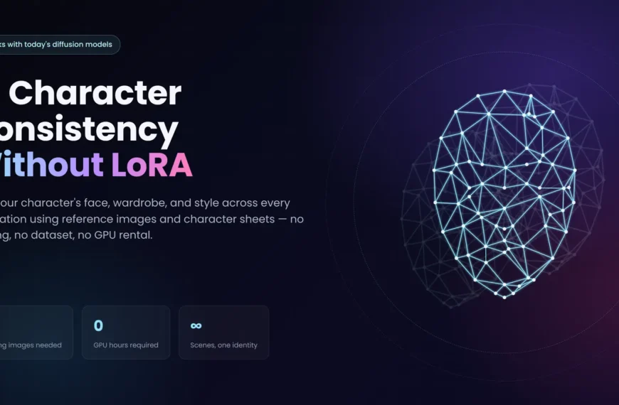 AI character consistency without LoRA — glowing face-ID mesh graphic showing how AI-generated characters keep the same identity across every scene
