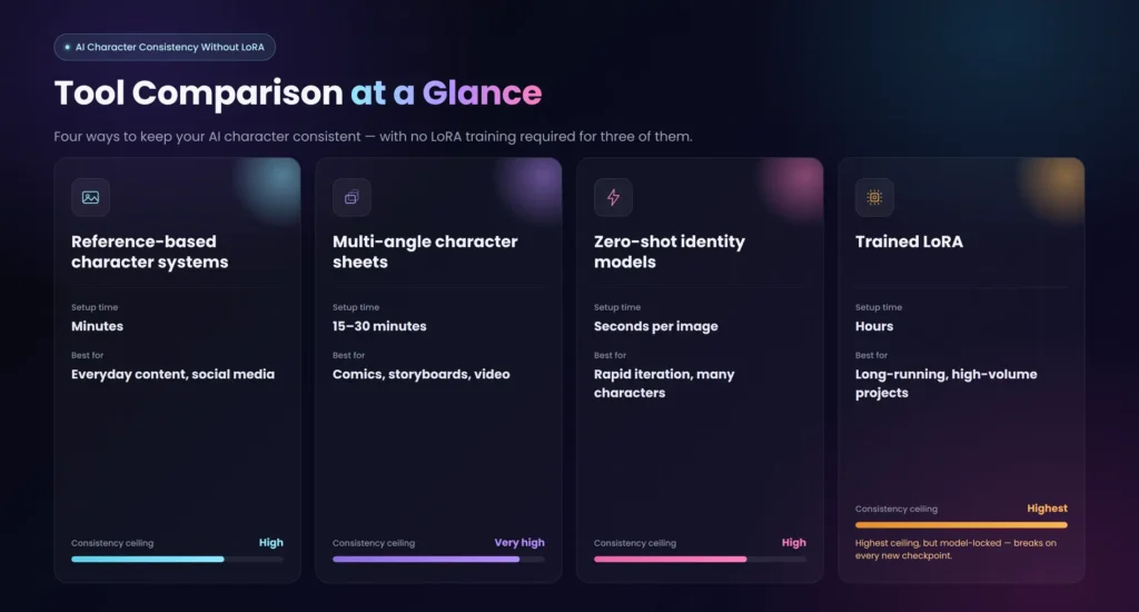 AI character consistency without LoRA — comparison chart of reference-based systems, character sheets, zero-shot models, and trained LoRA