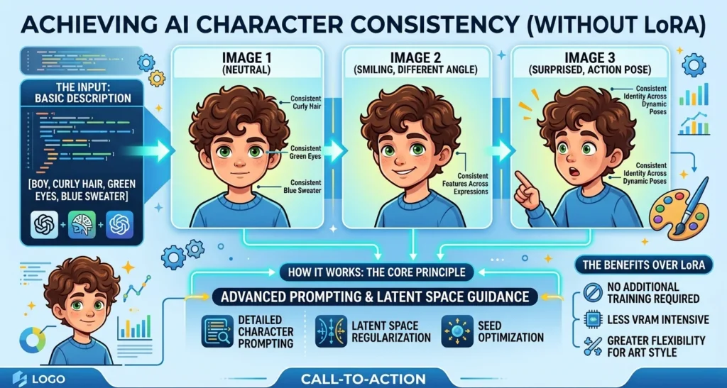 Infographic illustrating AI character consistency without LoRA, showing a boy with curly brown hair and green eyes across three consistent poses, angles, and facial expressions.