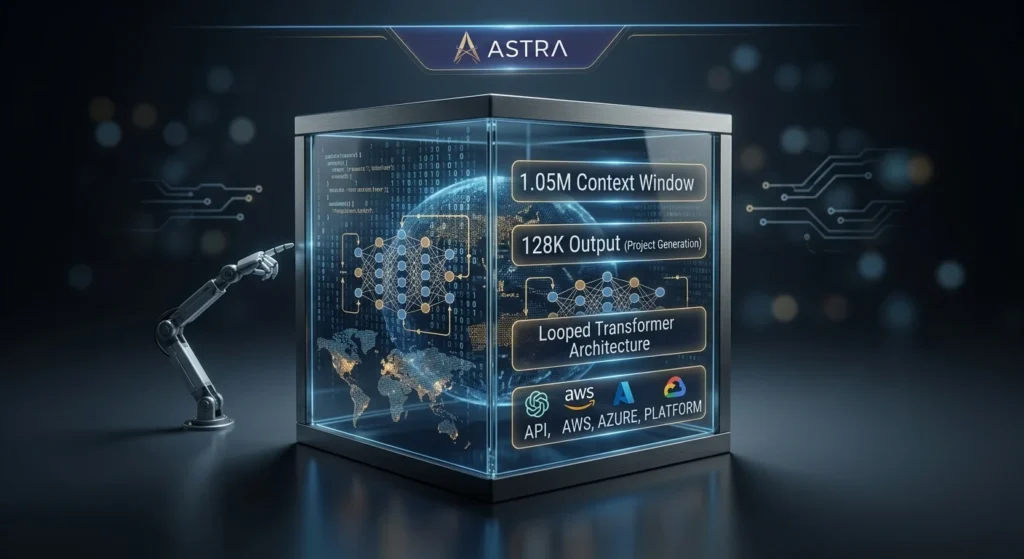 An automated server dashboard for 'ASTRA - SYSTEM CORE DATA' showing massive context limits and multi-platform integration across Azure, AWS, and Google Cloud. All technical data points are perfectly clear and readable on the screen.
