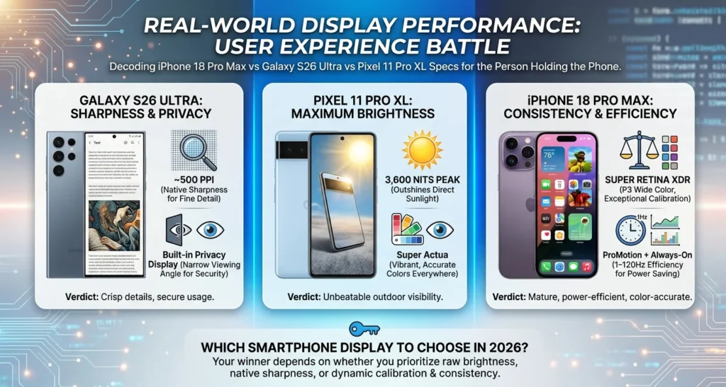 Real-world display performance chart for the iPhone 18 Pro Max Galaxy S26 Ultra Pixel 11 Pro XL display comparison highlighting specs and verdicts.
