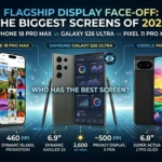 A side-by-side comparison chart for the iPhone 18 Pro Max vs Galaxy S26 Ultra vs Pixel 11 Pro XL displays, showing key specs like nits and PPI