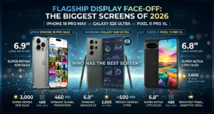 A side-by-side comparison chart for the iPhone 18 Pro Max vs Galaxy S26 Ultra vs Pixel 11 Pro XL displays, showing key specs like nits and PPI