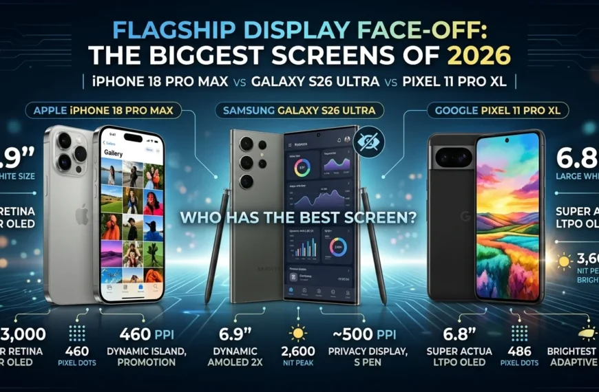 A side-by-side comparison chart for the iPhone 18 Pro Max vs Galaxy S26 Ultra vs Pixel 11 Pro XL displays, showing key specs like nits and PPI