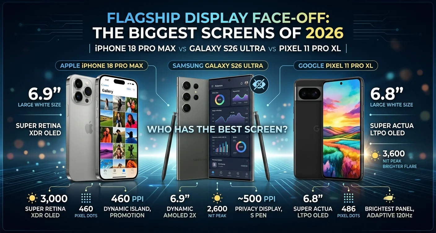 A side-by-side comparison chart for the iPhone 18 Pro Max vs Galaxy S26 Ultra vs Pixel 11 Pro XL displays, showing key specs like nits and PPI