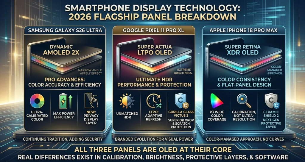 Display technology breakdown for the iPhone 18 Pro Max Galaxy S26 Ultra Pixel 11 Pro XL display comparison showing OLED panels, glass protection, and color calibration specs.