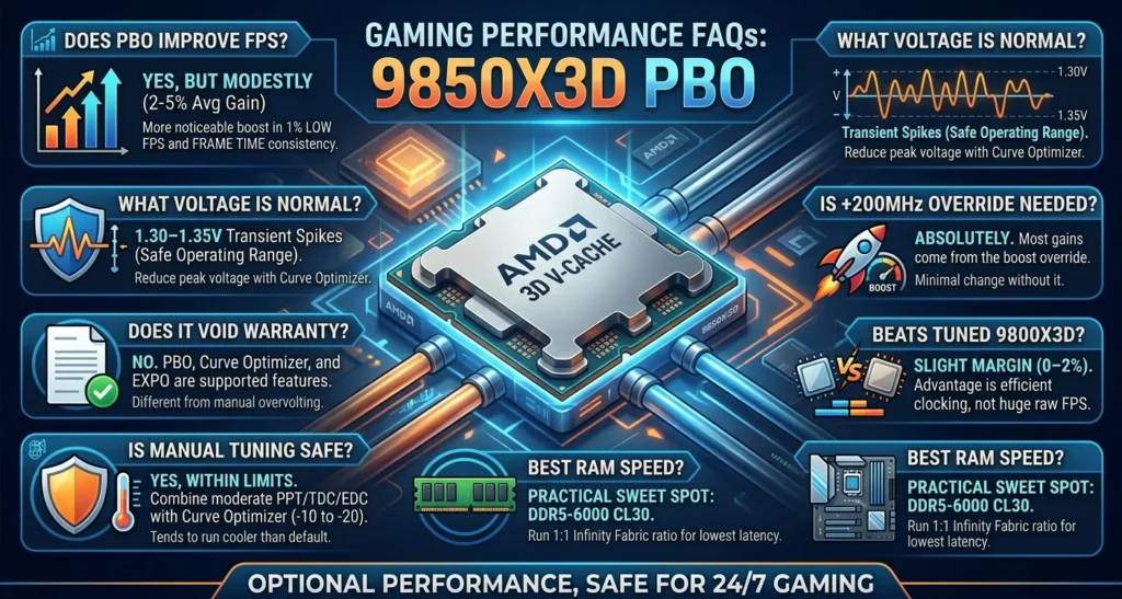Infographic detailing AMD Ryzen 9850X3D PBO gaming performance FAQs, including FPS gains, voltage safety, DDR5-6000 RAM sweet spot, and warranty information.