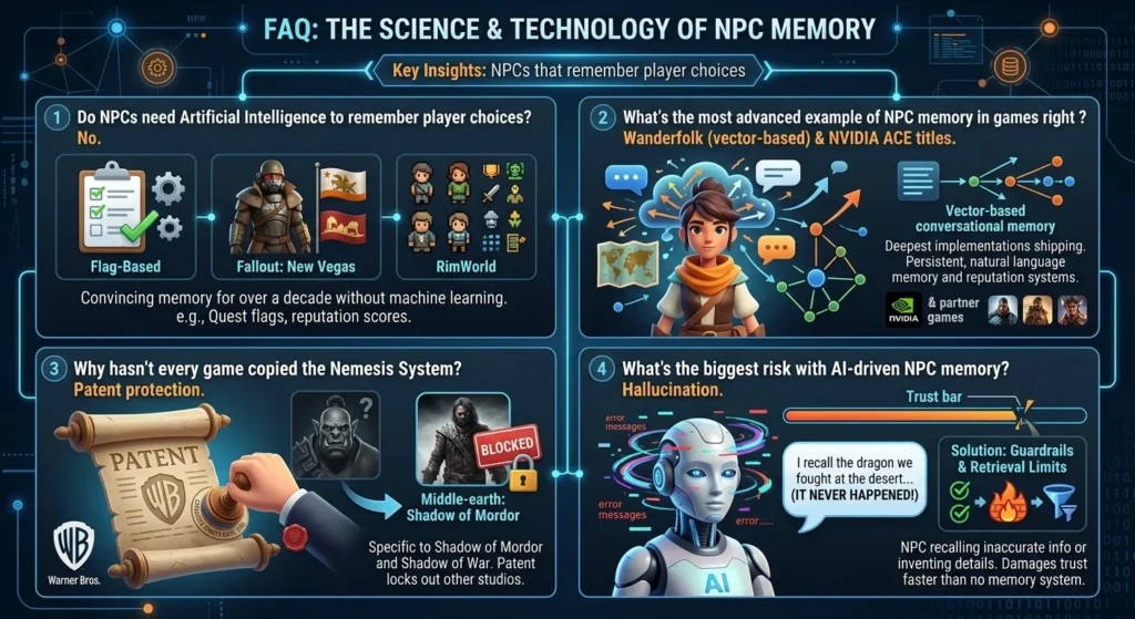 FAQ infographic detailing how NPCs that remember player choices work, covering non-AI flag systems, NVIDIA ACE vector memory, the Warner Bros Nemesis patent, and AI hallucination risks.