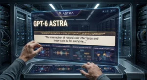 A person holding a tablet showing the GPT-6 Astra system dashboard with key AI operational features.