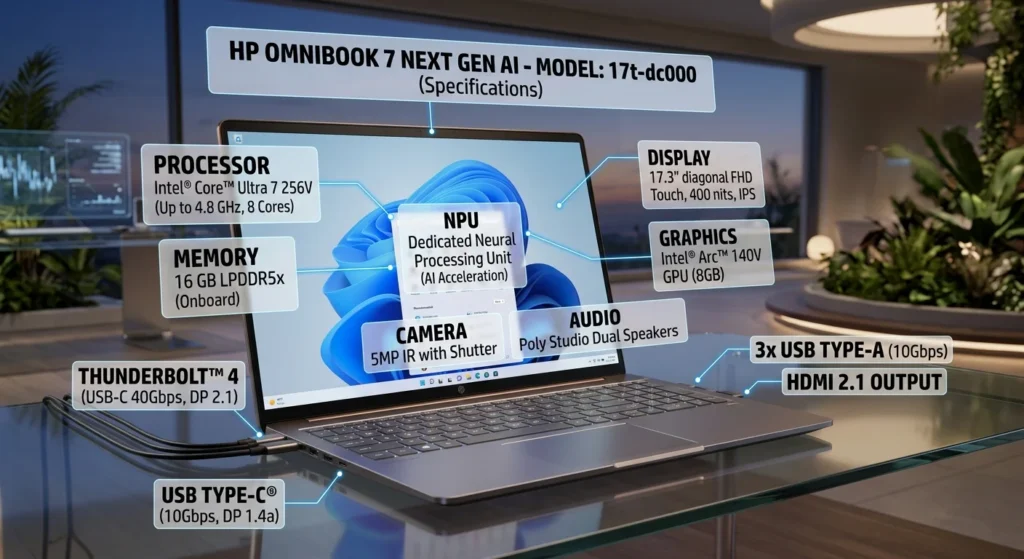 HP OmniBook 7 Next Gen AI 17t-dc000 detailed specs and ports diagram