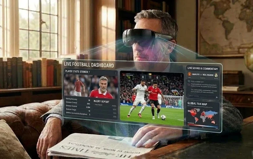 Side view of Meta VR Glasses 2.4K Micro-OLED worn by a man reading a newspaper