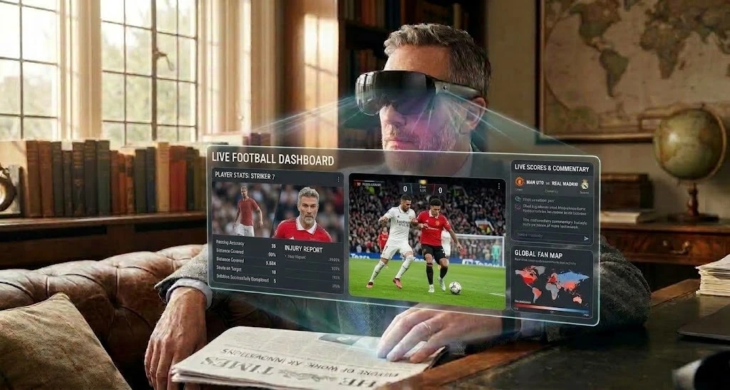 Side view of Meta VR Glasses 2.4K Micro-OLED worn by a man reading a newspaper