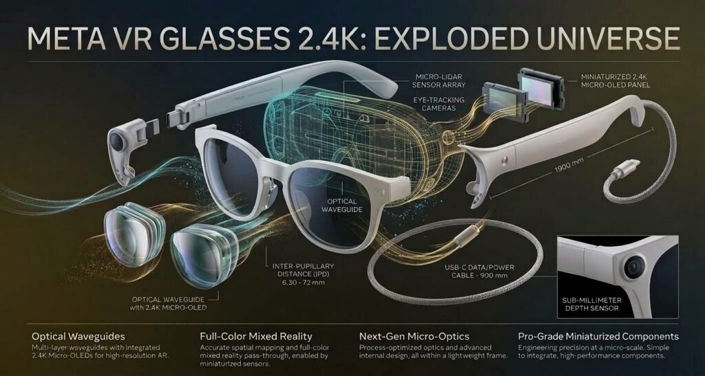 An exploded view technical diagram of Meta VR Glasses 2.4K showcasing internal optical waveguides, sensors, micro-OLED panels, and frame components.
