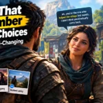 Featured image for NPCs That Remember Player Choices showing a player speaking with a fantasy NPC who recalls past actions, alongside an AI memory system diagram illustrating player choices, vector memory, and dynamic dialogue generation.