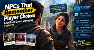 Featured image for NPCs That Remember Player Choices showing a player speaking with a fantasy NPC who recalls past actions, alongside an AI memory system diagram illustrating player choices, vector memory, and dynamic dialogue generation.