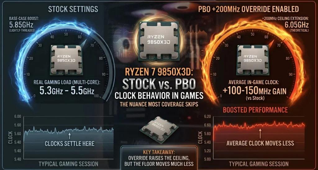 Infographic comparing stock vs PBO clock behavior on Ryzen 7 9850X3D PBO gaming performance showing in-game clock speed drops vs boost override limits.