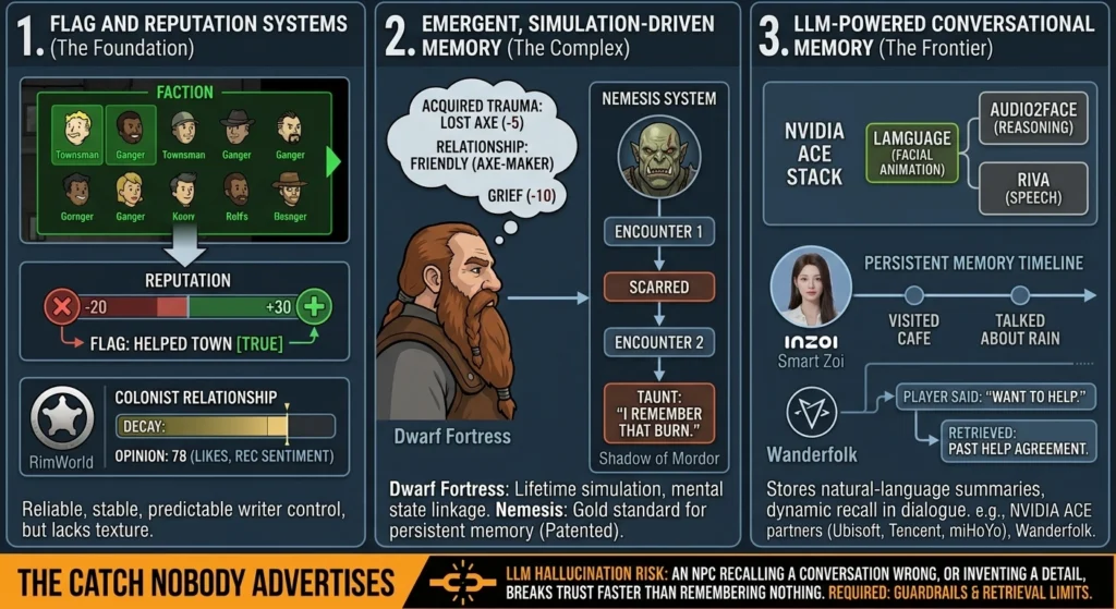 Infographic explaining the 3 main systems for building NPCs that remember player choices, including flag systems, simulation-driven memory, and LLM-powered conversational AI.