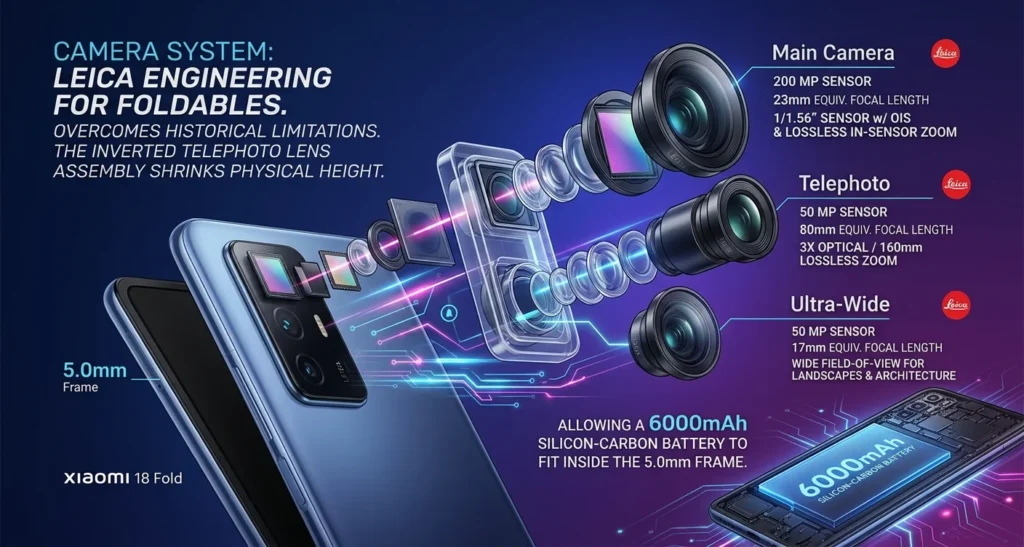 A high-tech diagram illustrates the Xiaomi 18 Fold's advanced Leica camera system, featuring floating lens modules popping out alongside full technical specs. This visualization demonstrates how Xiaomi engineered an inverted periscope zoom and a 200MP sensor to fit premium camera quality into a ultra-slim 5.0mm frame.