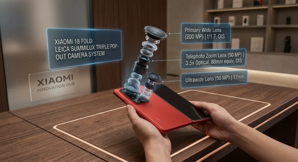 Handheld red Xiaomi 18 Fold phone with a complex lens assembly telescoping upwards. Blue holographic text panels list detailed camera specs: 200MP Primary, 50MP Telephoto with 3.5x Zoom, and 50MP Ultra-wide.