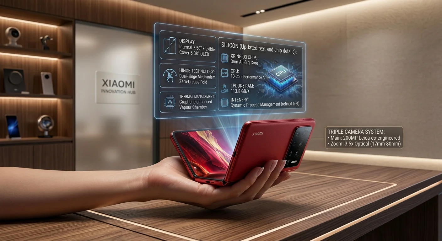 Xiaomi 18 Fold spec sheet infographic showing key hardware features and XRING O3 processor details.