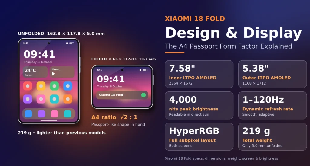Xiaomi 18 Fold shown unfolded (163.8 × 117.8 mm) and folded (83.6 mm) beside its key display specs: 7.58-inch inner and 5.38-inch outer LTPO AMOLED screens, 4,000 nits and 1-120Hz.