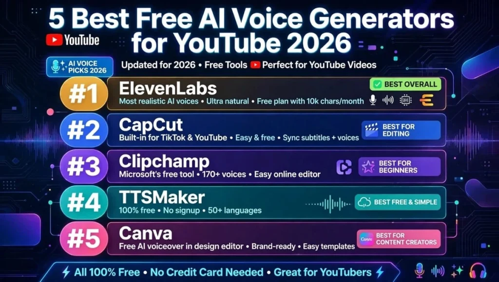 5 best free AI voice generators for YouTube 2026 showing ElevenLabs, CapCut, Clipchamp, TTSMaker and Canva comparison