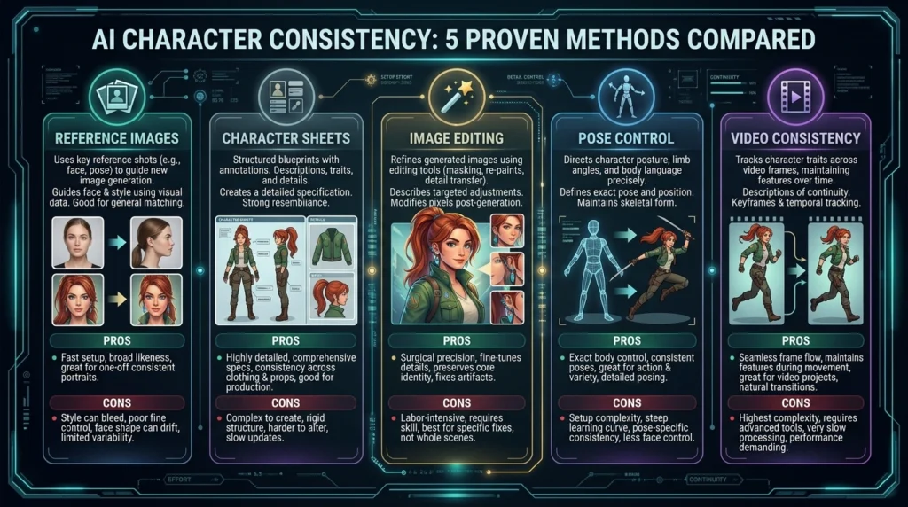 Infographic of AI character consistency tools comparing 5 key methods and pros/cons to help creators choose a workflow.
