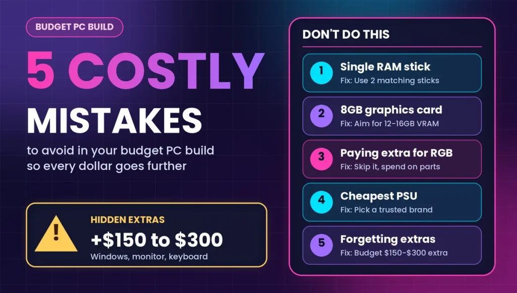 Five costly budget PC build mistakes: single RAM stick, 8GB GPU, RGB, cheap PSU and hidden extras