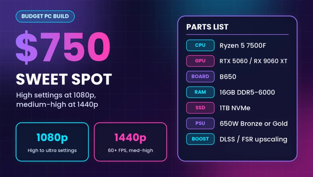 $750 budget PC build parts list with Ryzen 5 7500F and RTX 5060 for high-settings 1080p gaming