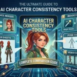 Infographic of AI character consistency tools showcasing a red-haired hero across 5 methods to aid story creators.