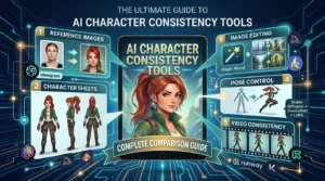 Infographic of AI character consistency tools showcasing a red-haired hero across 5 methods to aid story creators.