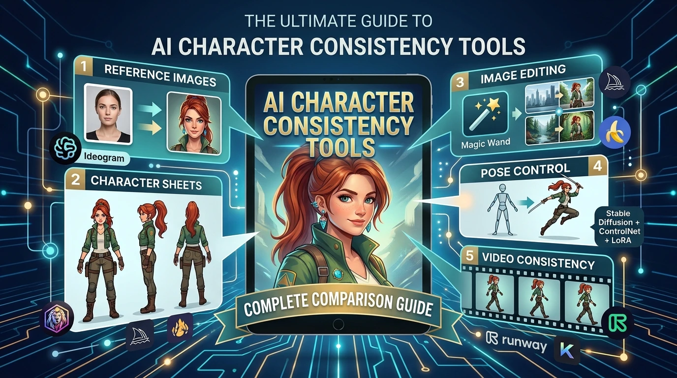 Infographic of AI character consistency tools showcasing a red-haired hero across 5 methods to aid story creators.