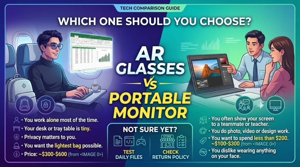 AR glasses vs portable monitor buyer guide comparing features for solo travelers and team collaborators to decide.