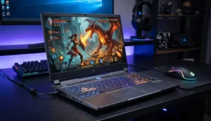 Best gaming laptop plays RPG. Gamer battles dragon. Crucial for high-performance immersive gaming.