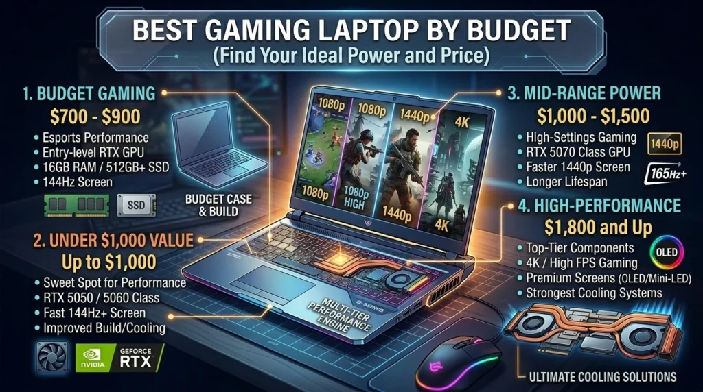 Infographic showing the best gaming laptop options by budget tiers and specs, helping buyers pick the right laptop for their needs.