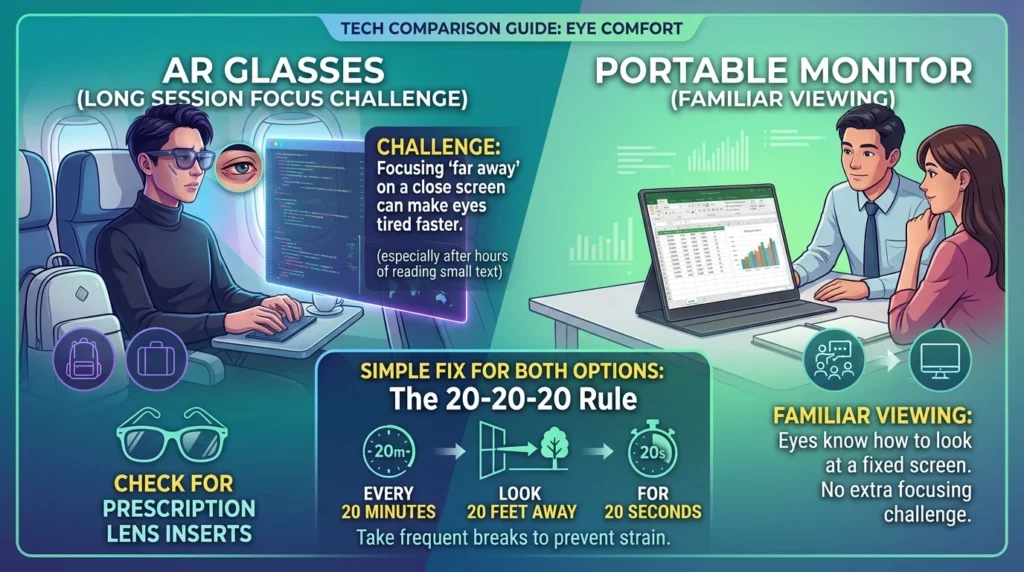 AR glasses vs portable monitor eye comfort guide showing 20-20-20 rule to reduce strain for long-session users.