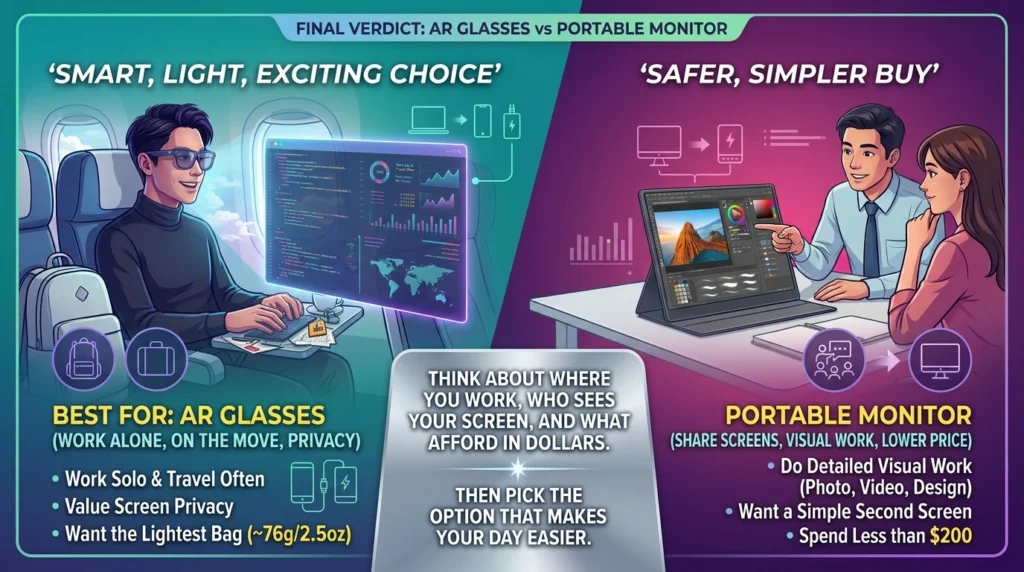 AR glasses vs portable monitor final verdict showing choice criteria for solo travelers and visual creators.