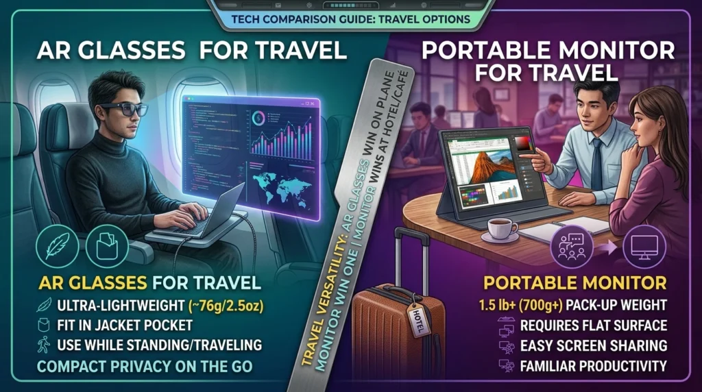 XREAL AR glasses vs portable monitor travel comparison showing airplane and hotel desk setups for remote workers.