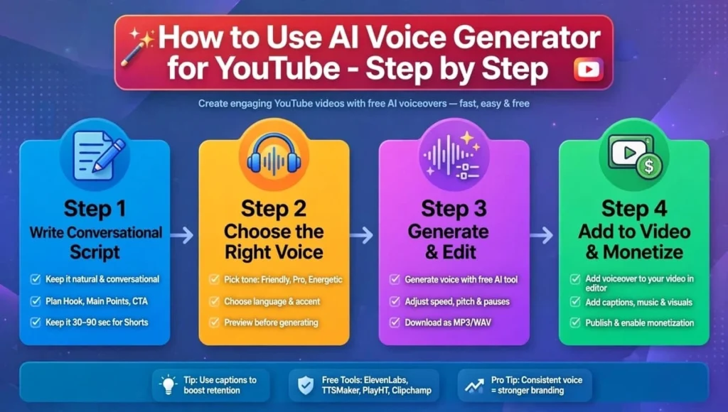 How to use free AI voice generator for YouTube step by step - write script, choose voice, generate and monetize
