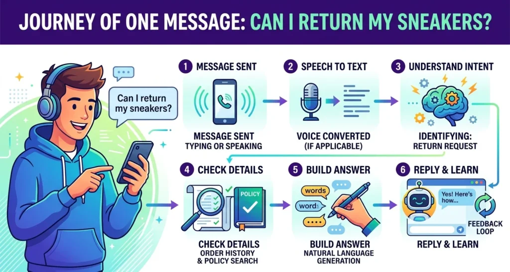 Flat-style infographic illustrating how conversational AI processes a message step-by-step, featuring a boy using a smartphone.