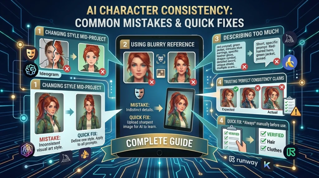 Infographic of AI character consistency tools showing common mistakes and quick fixes to help digital creators.