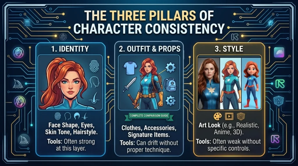 Visual breakdown of 3 AI character consistency tools layers to help digital artists preserve identity, outfits, and style.