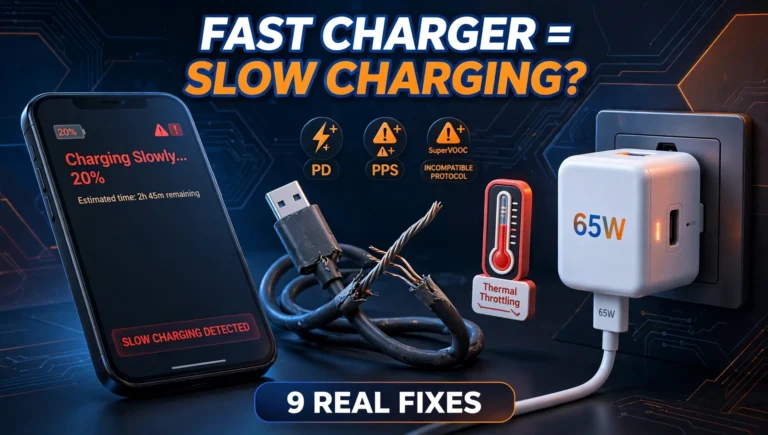 phone charging slowly with fast charger showing damaged cable and thermal throttling