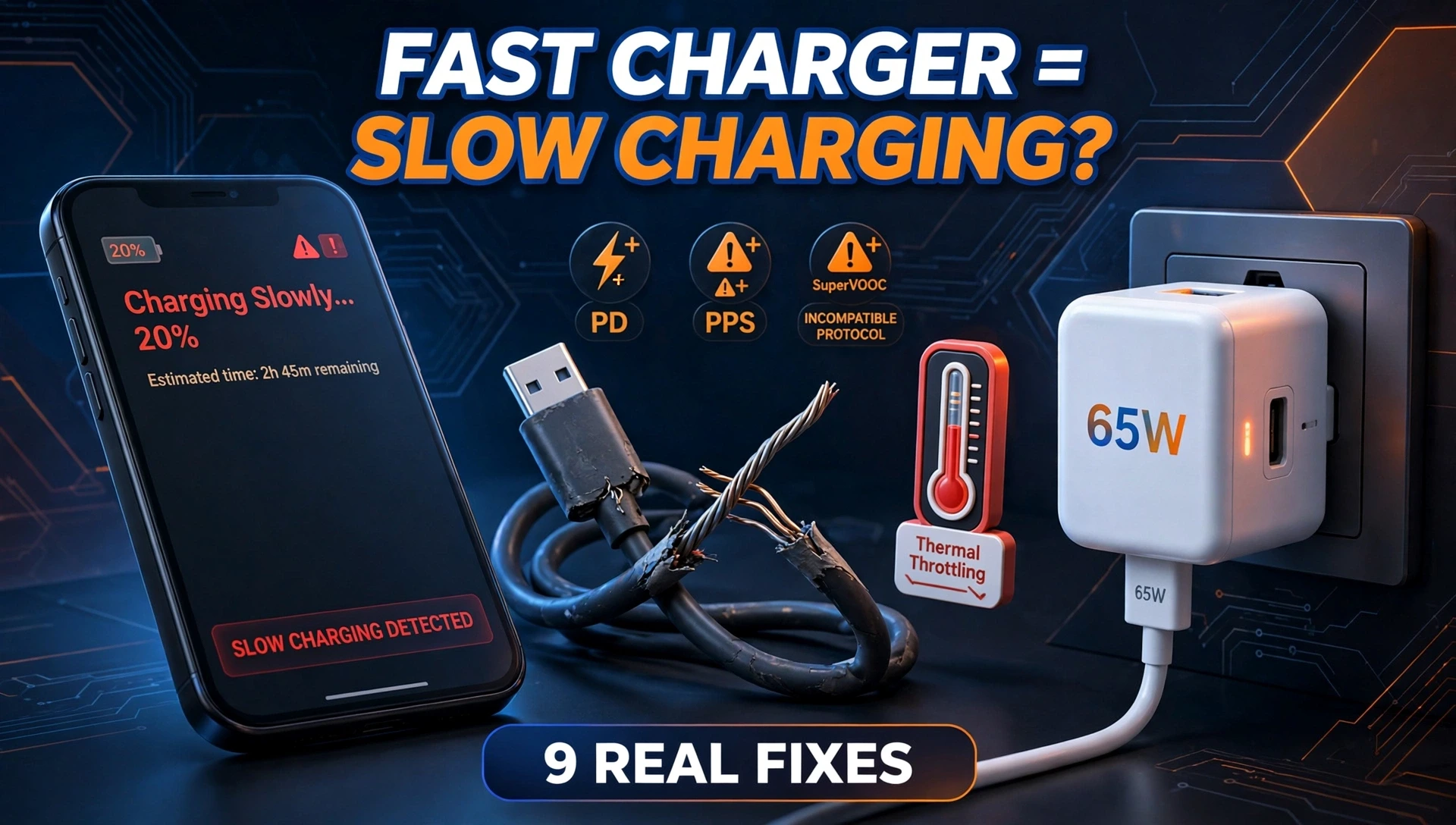 phone charging slowly with fast charger showing damaged cable and thermal throttling