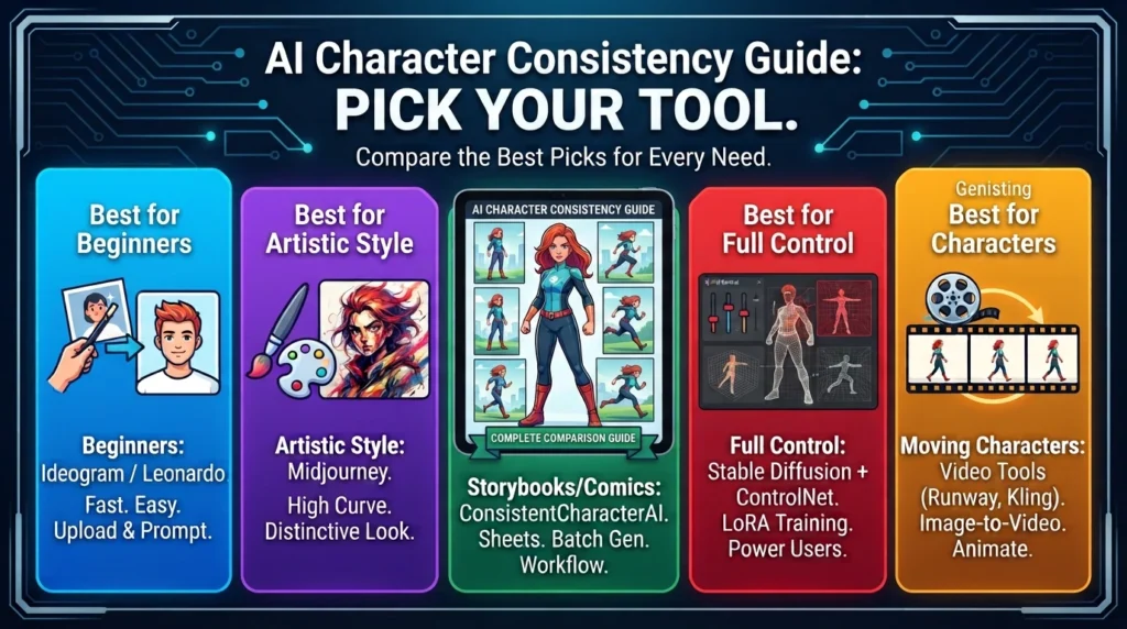 Selection guide for AI character consistency tools categorized by use cases to help creators choose the right software.