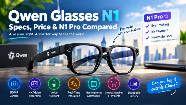 Qwen Glasses N1, highlighting AI features, camera specs, and global availability.