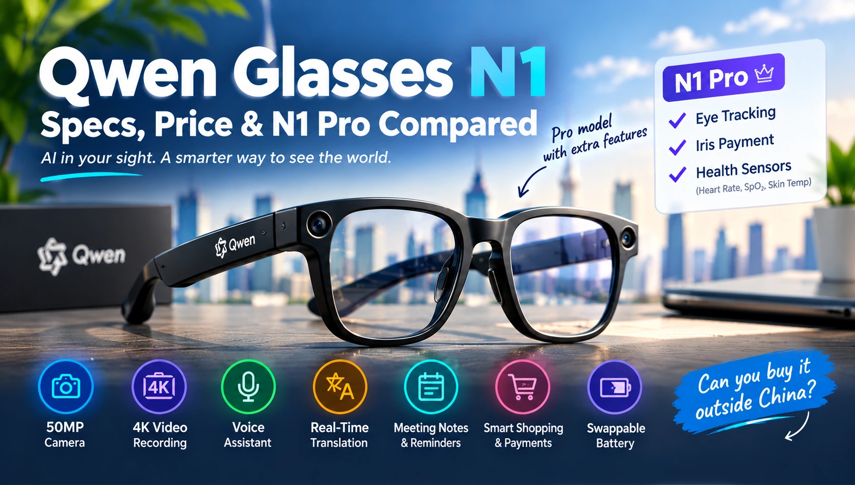Qwen Glasses N1, highlighting AI features, camera specs, and global availability.