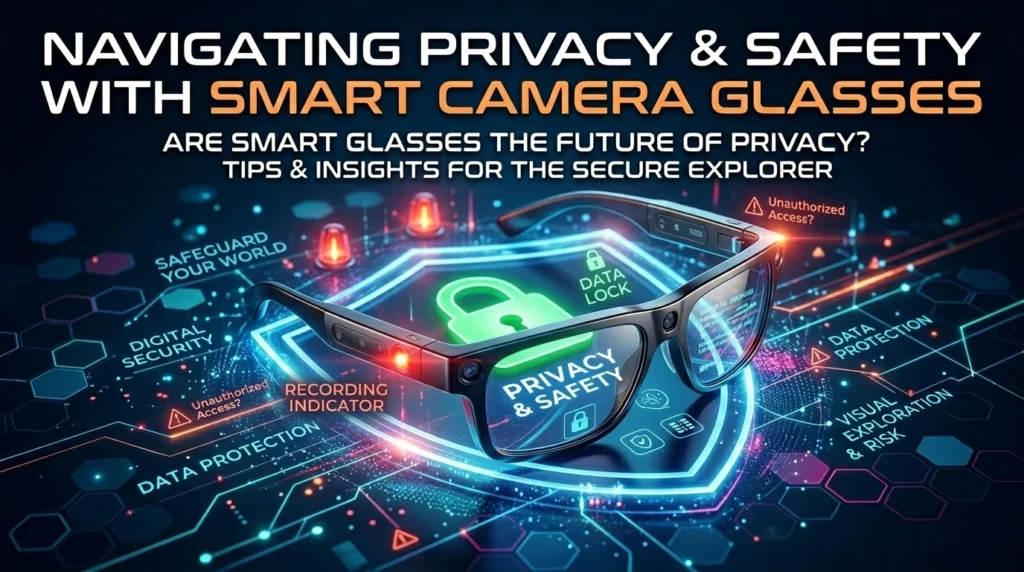 A poster details privacy concerns, like iris data and sensing, with the new Qwen Glasses N1 smart devices.